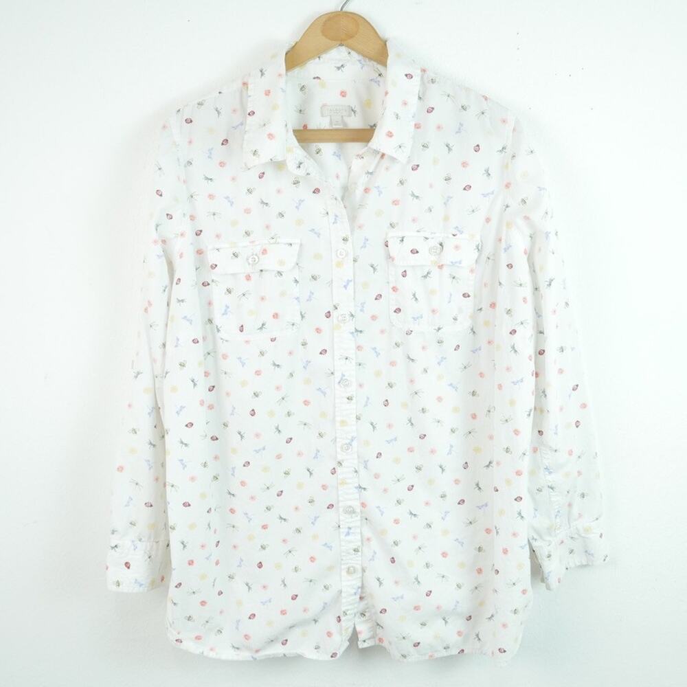Talbots 1X Button Up Top Lightweight Cotton Spring Floral Ladybug Novelty Preppy